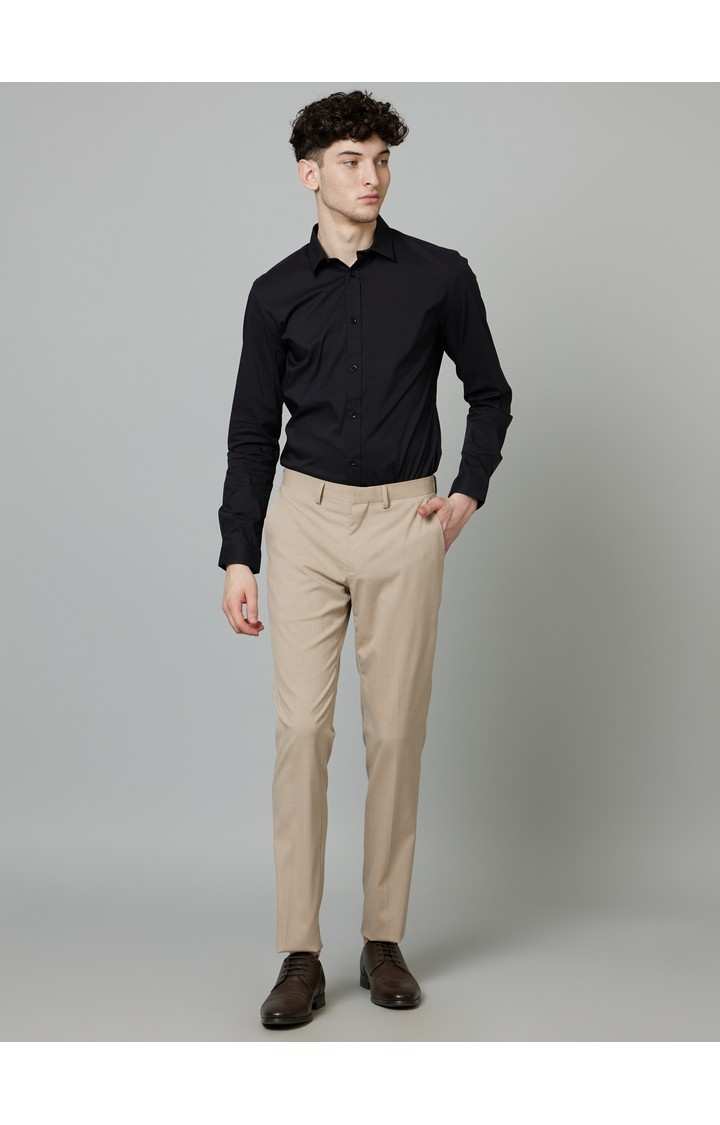 Men's Beige Polyester Solid Formal Trousers