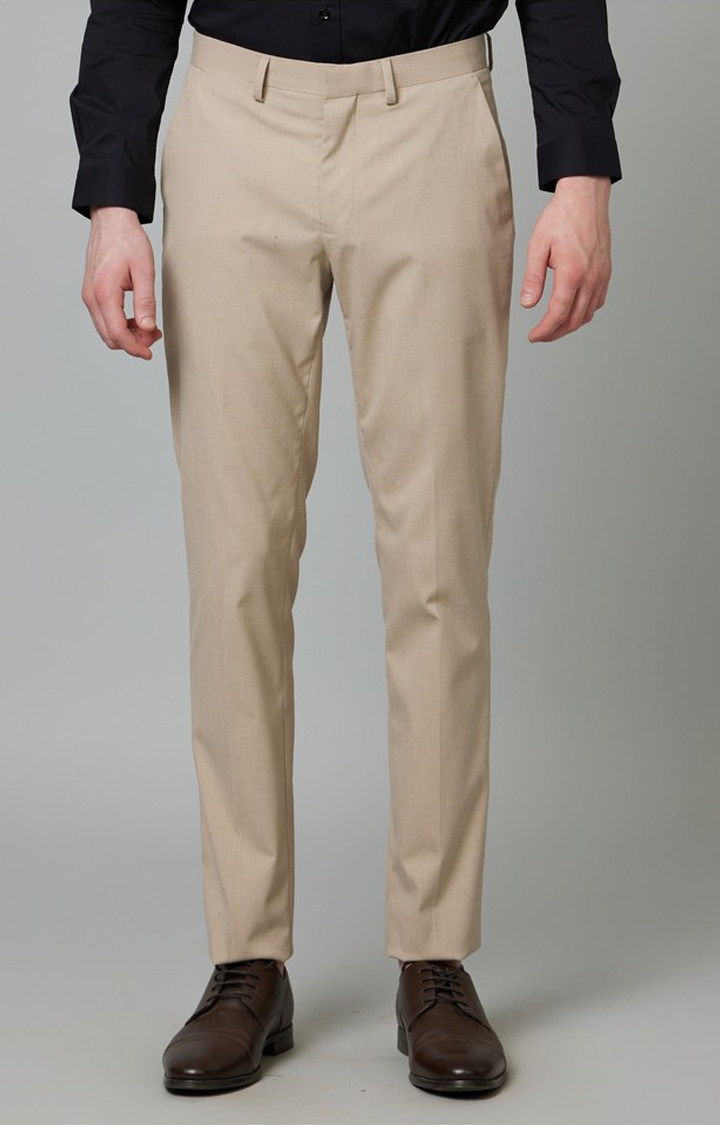 celio | Men's Beige Polyester Solid Formal Trousers