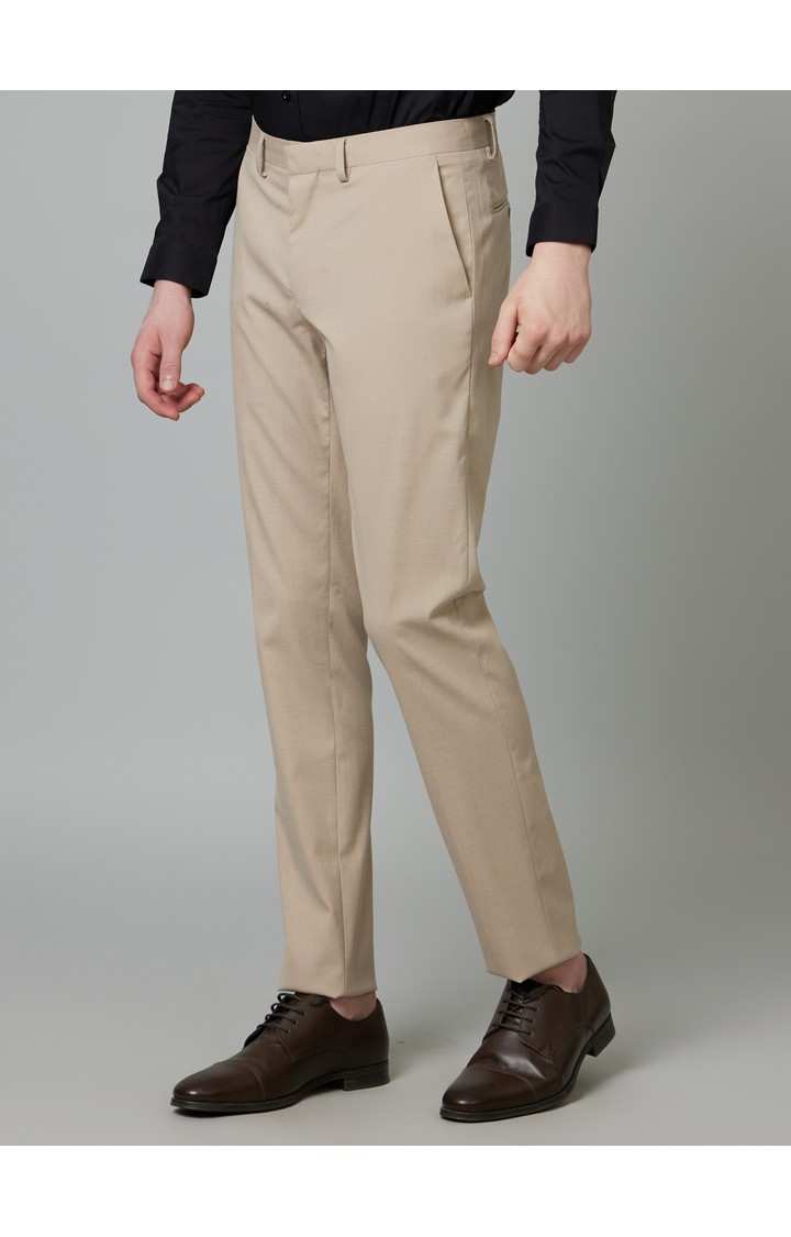 Men's Beige Polyester Solid Formal Trousers