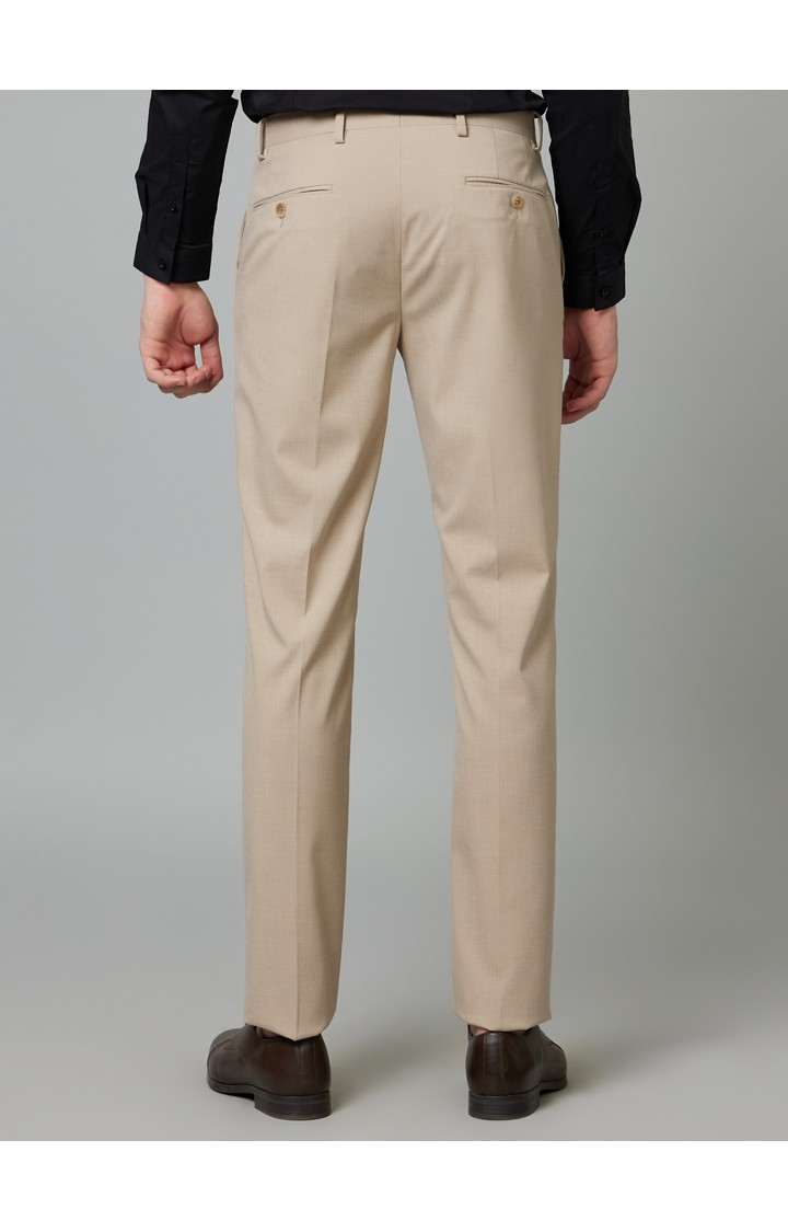 Men's Beige Polyester Solid Formal Trousers
