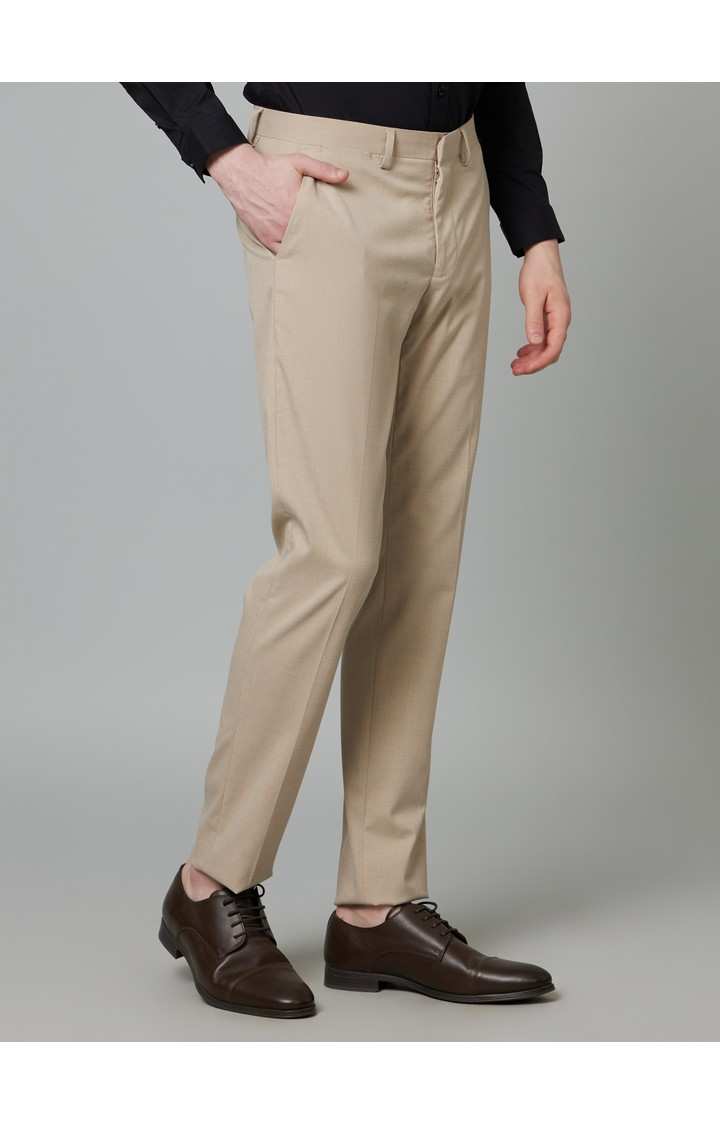 Men's Beige Polyester Solid Formal Trousers