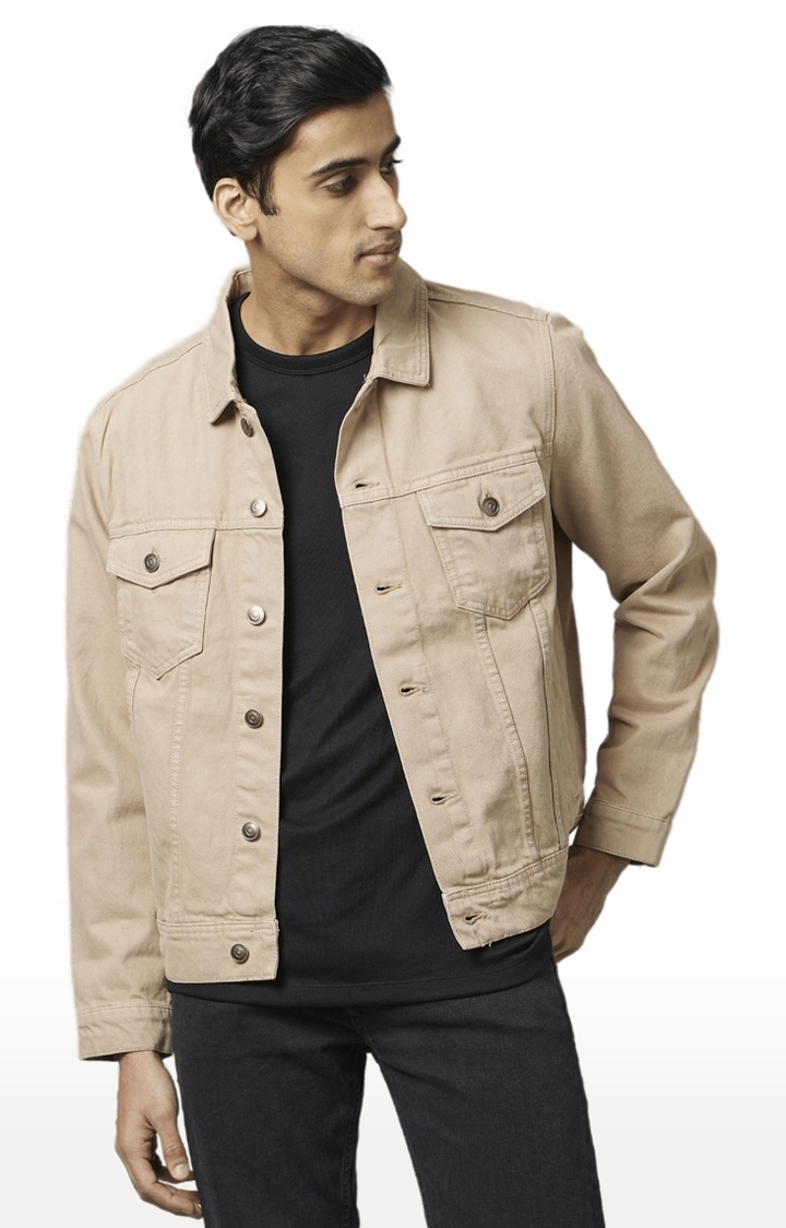 celio | Men's Beige Solid Denim Jackets