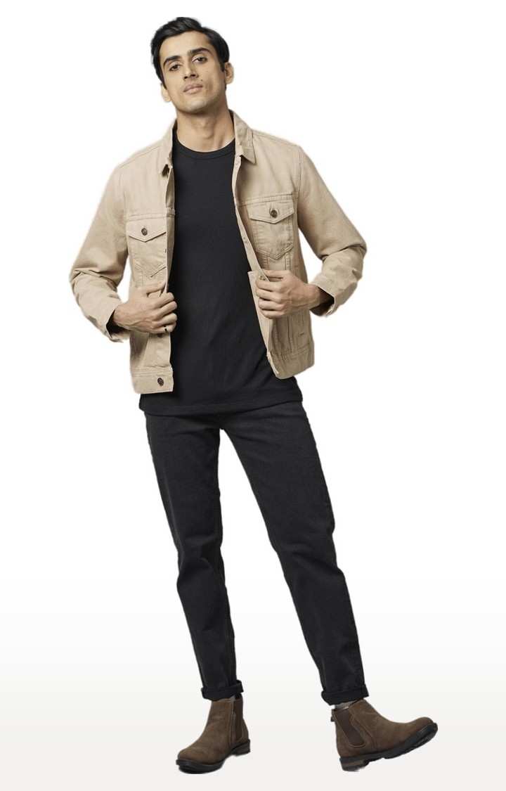 Men's Beige Solid Denim Jackets