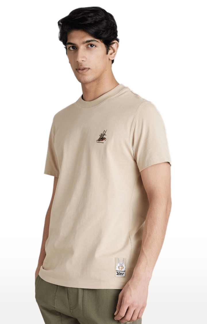 Men's Beige Solid Regular T-Shirts