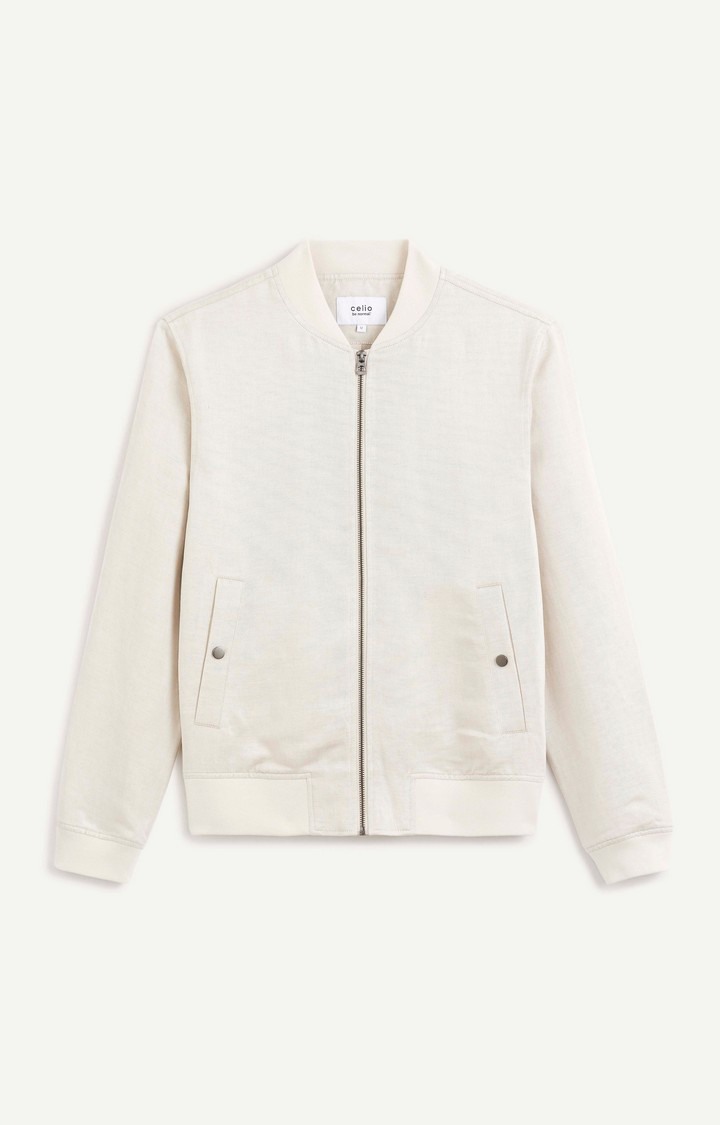 Celio Men Off White Solid Relaxed Fit Linen Blend Jacket