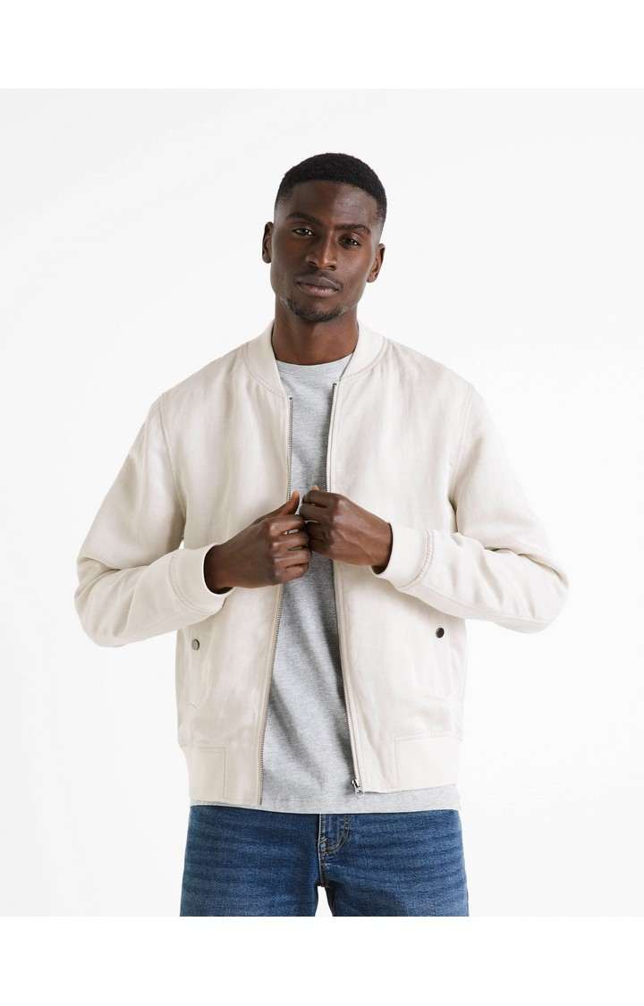 Celio Men Off White Solid Relaxed Fit Linen Blend Jacket