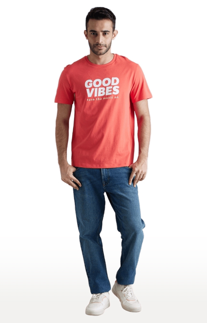 celio | Men's Orange Typographic Regular T-Shirts