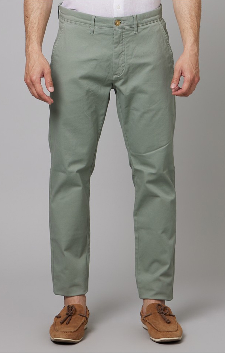 Men's Green Cotton Blend Solid Chinos