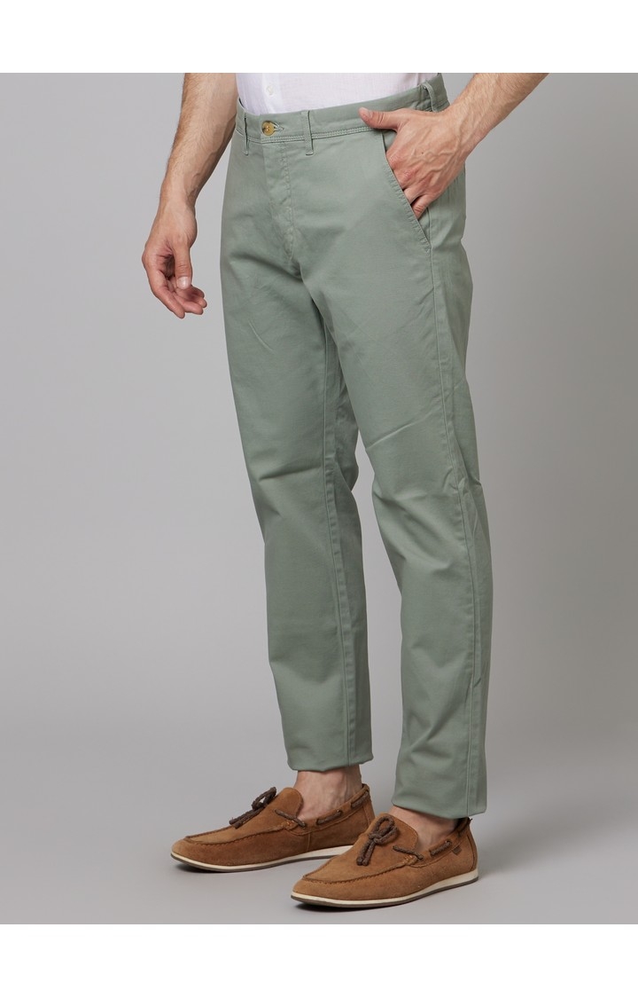 Men's Green Cotton Blend Solid Chinos
