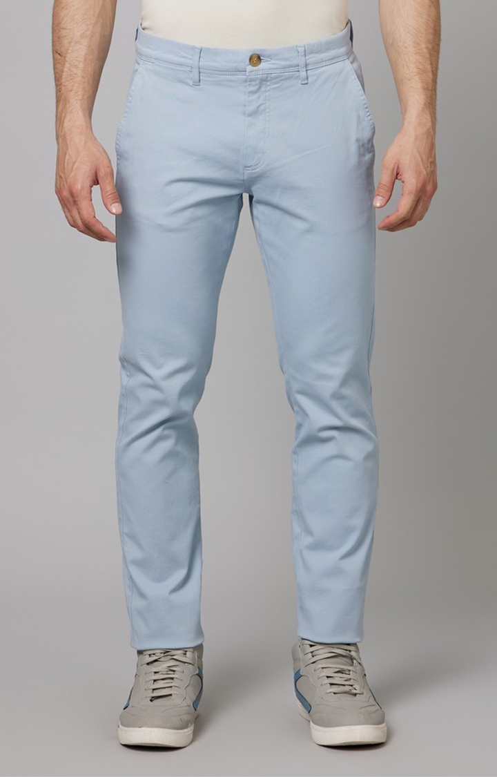 Men's Blue Cotton Blend Solid Chinos