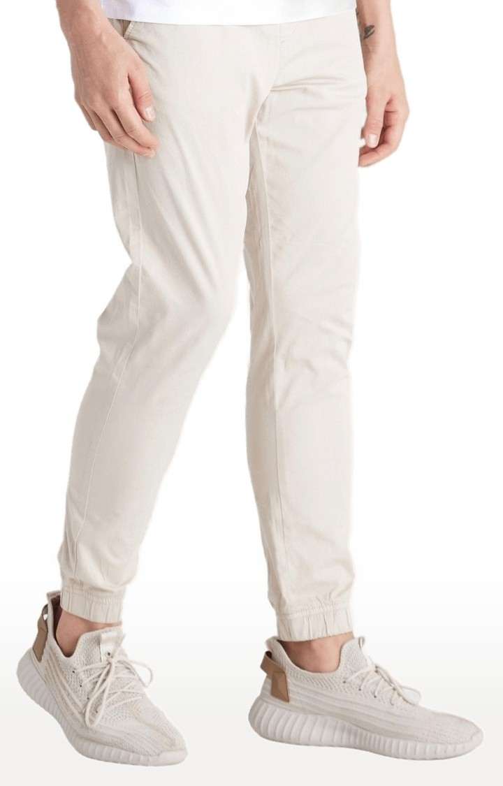 Men's Beige Cotton Blend Solid Casual Joggers