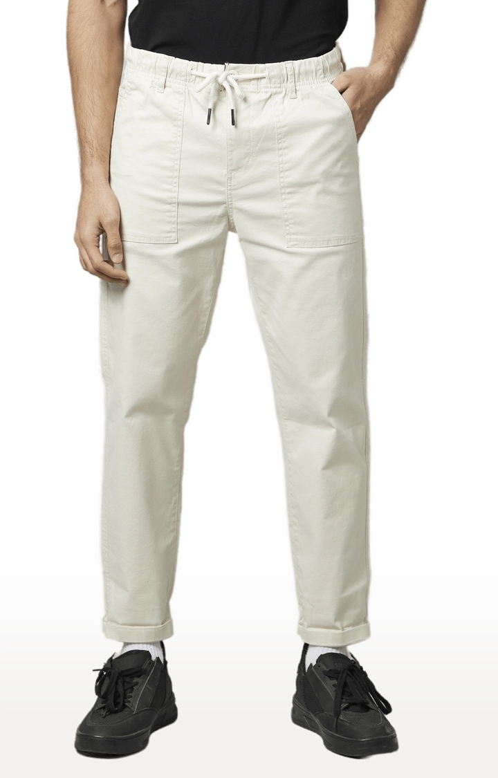 Men's White Cotton Solid Casual Pants