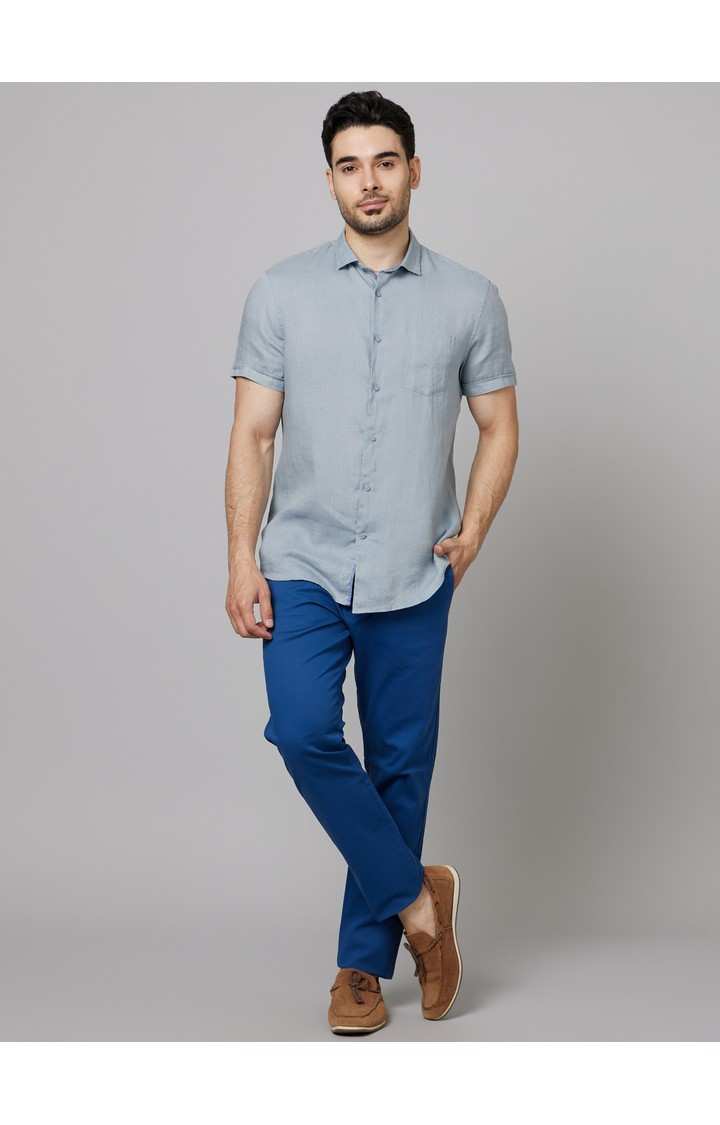 Men's Blue Cotton Blend Solid Chinos