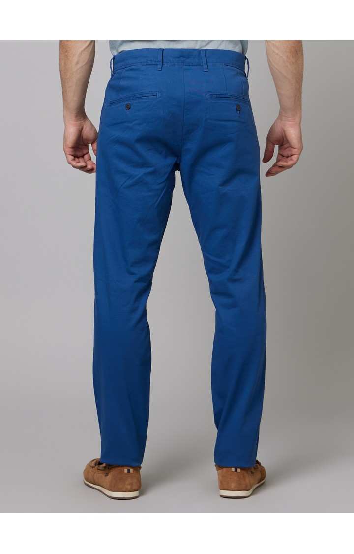 Men's Blue Cotton Blend Solid Chinos