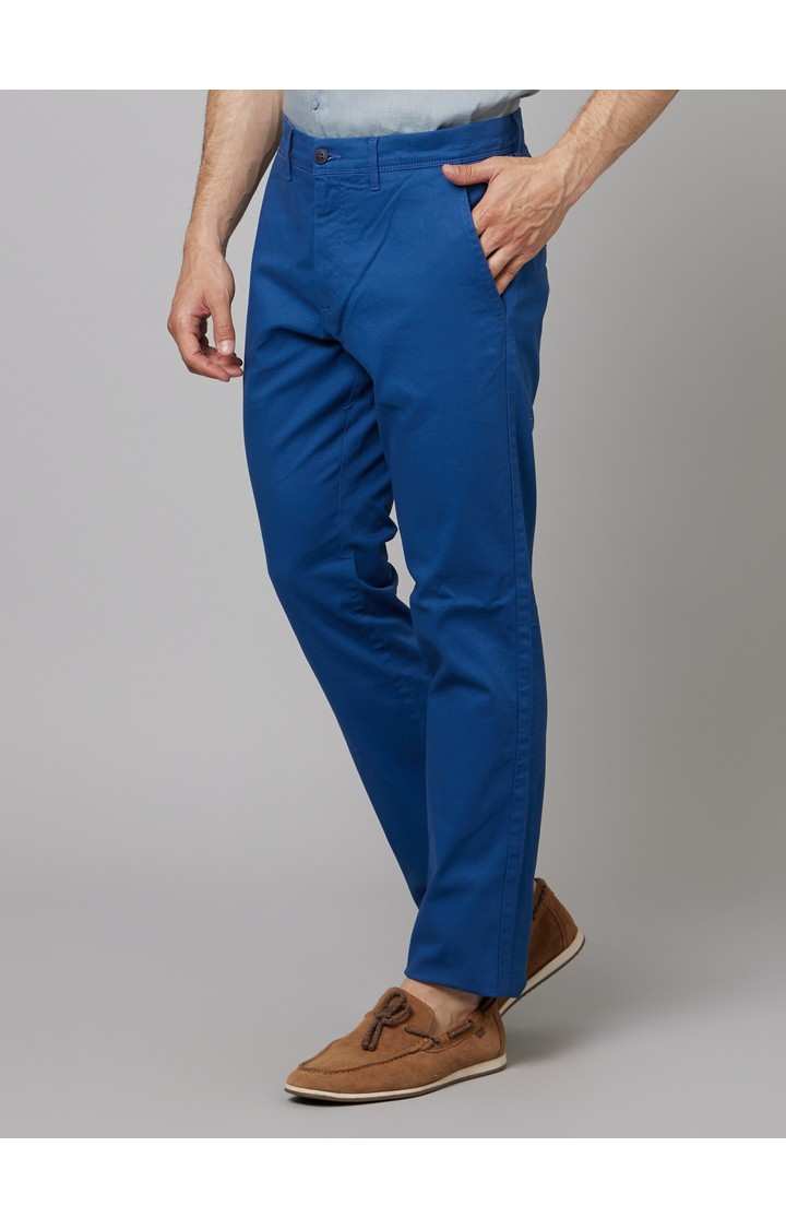 Men's Blue Cotton Blend Solid Chinos