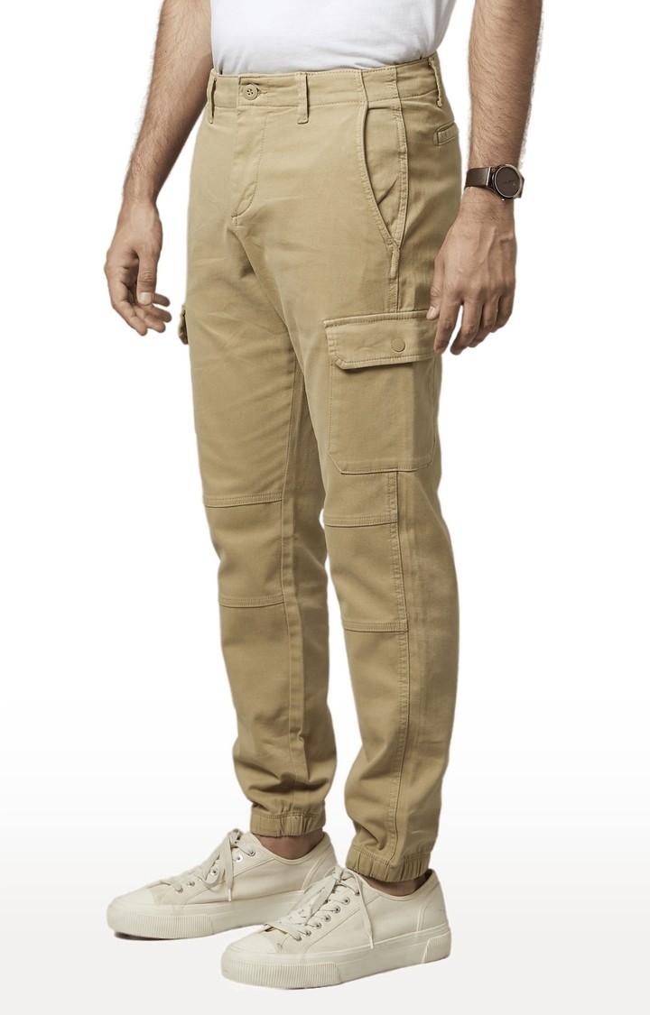 Men's Brown Cotton Solid Cargos