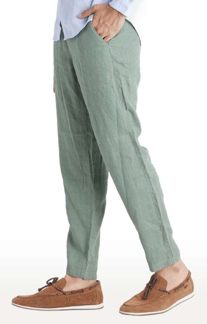 Men's Green Linen Solid Casual Pants