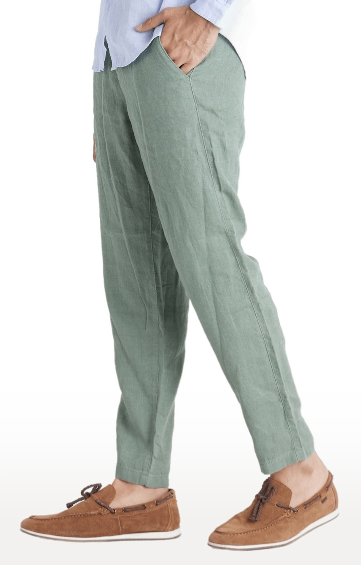 Men's Green Linen Solid Casual Pants