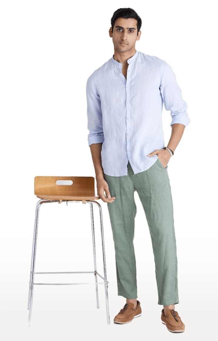 Men's Green Linen Solid Casual Pants