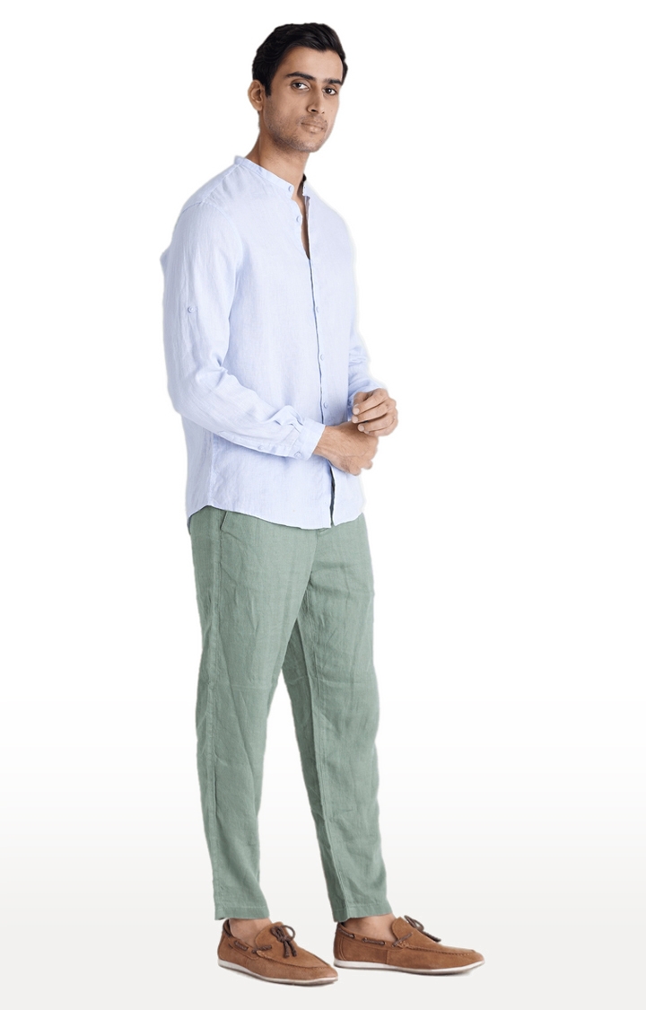 Men's Green Linen Solid Casual Pants
