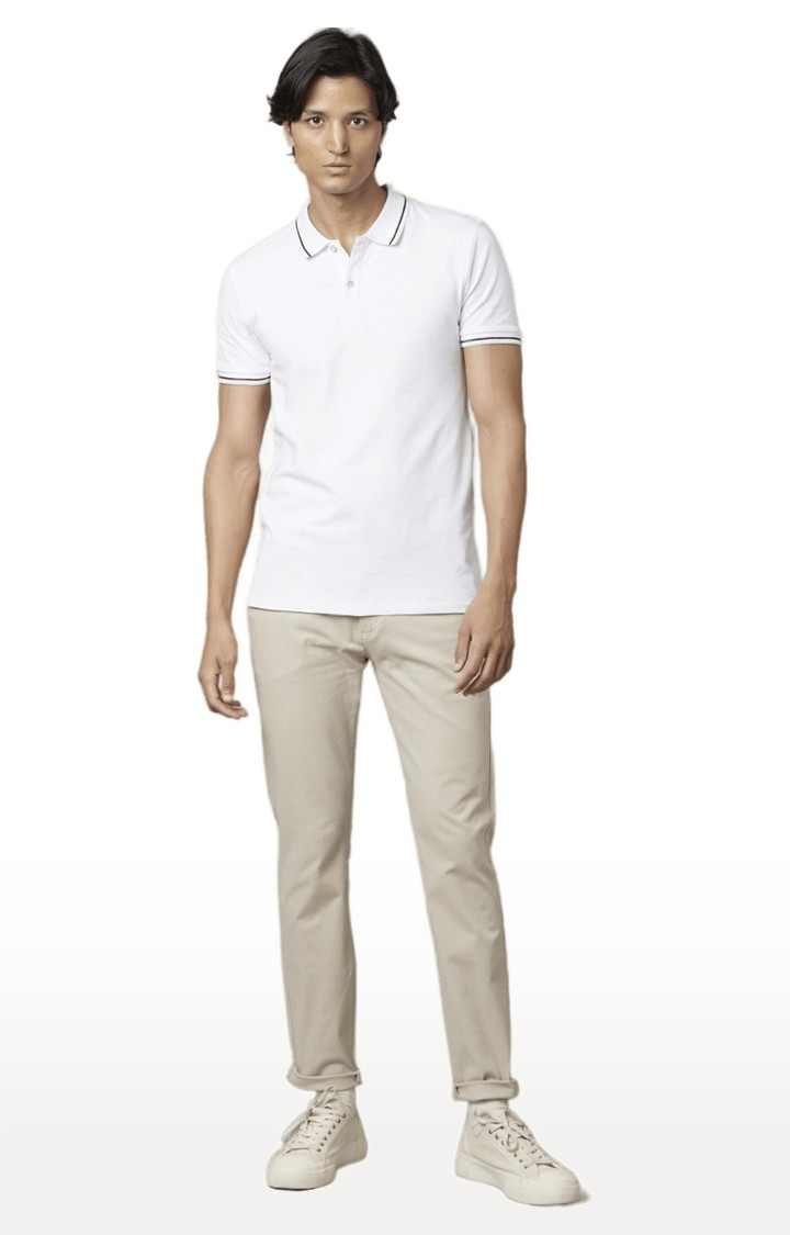 Men's Beige Cotton Blend Solid Chinos