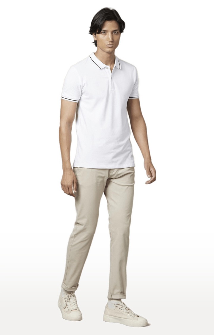 Men's Beige Cotton Blend Solid Chinos