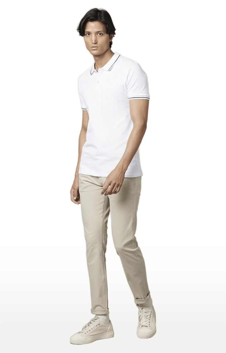 Men's Beige Cotton Blend Solid Chinos