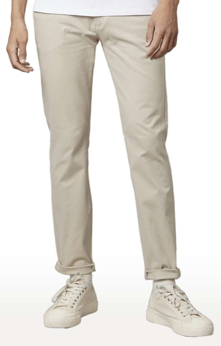 Men's Beige Cotton Blend Solid Chinos