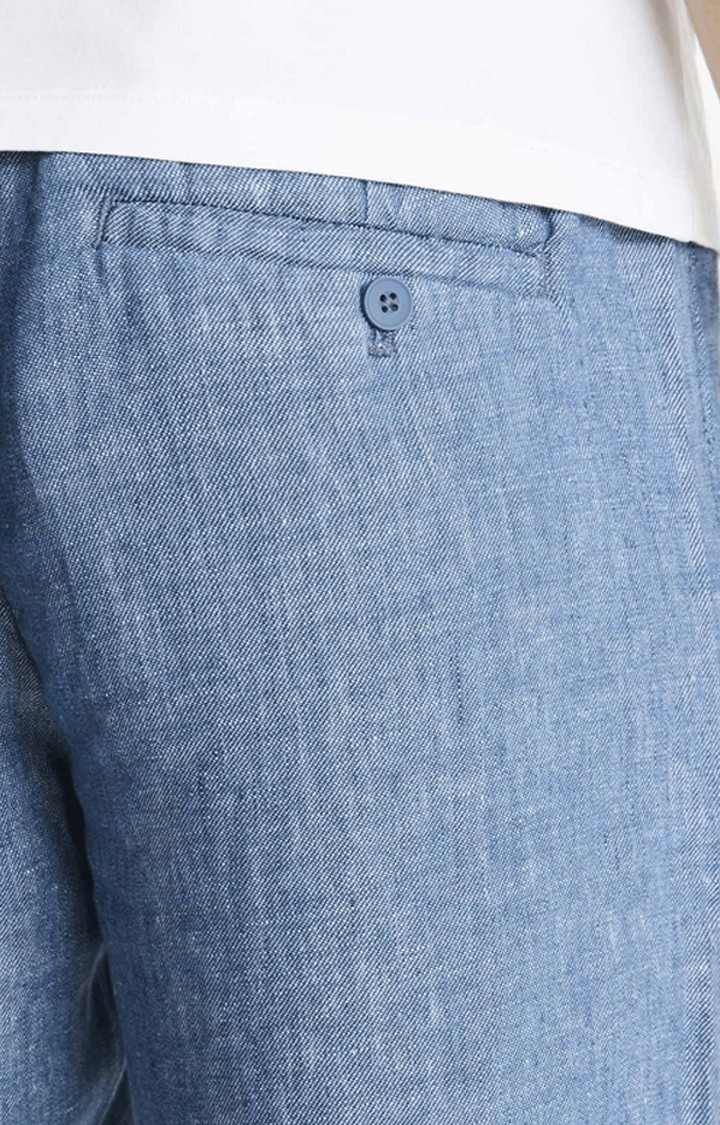 Men's Blue Linen Melange Casual Pants