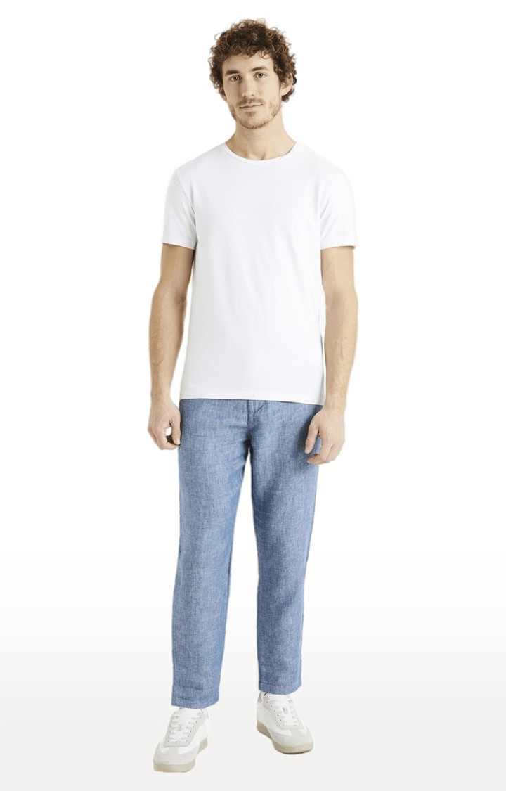 Men's Blue Linen Melange Casual Pants