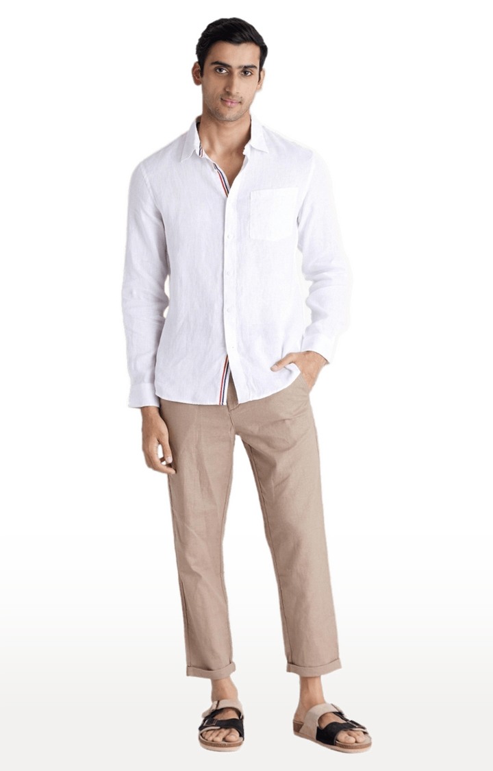 Men's Beige Blended Solid Trousers