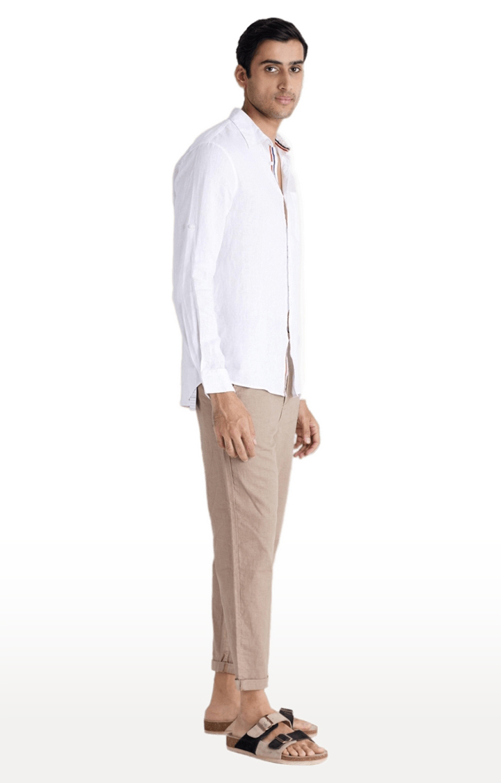 Men's Beige Blended Solid Trousers