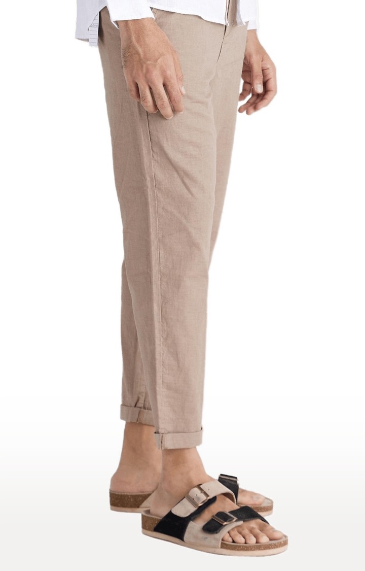 Men's Beige Blended Solid Trousers