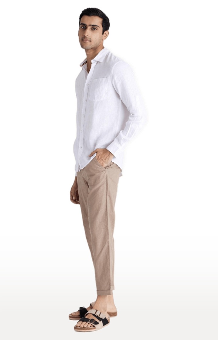 Men's Beige Blended Solid Trousers