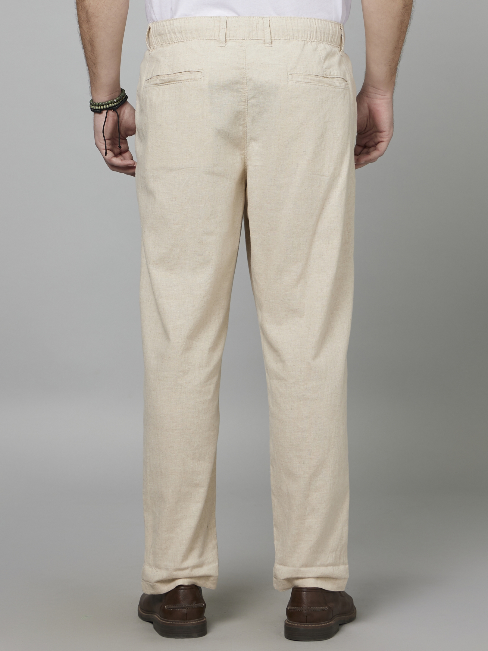 Men's Beige Blended Solid Trousers
