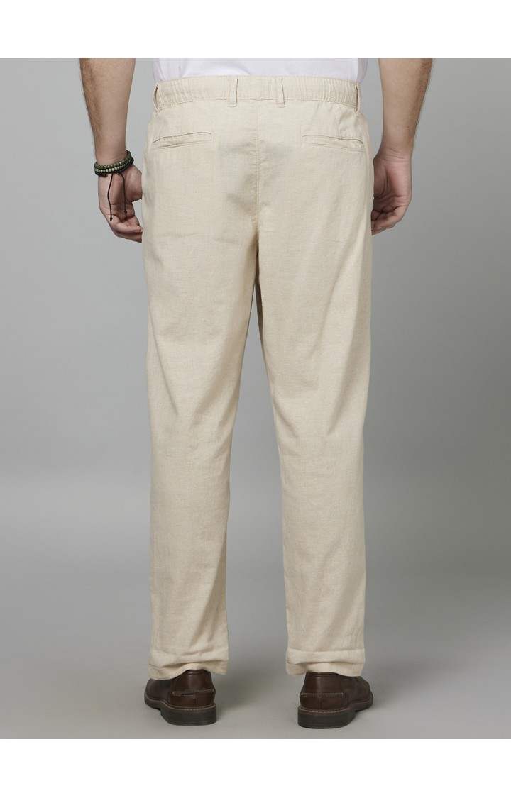 Men's Beige Blended Solid Trousers