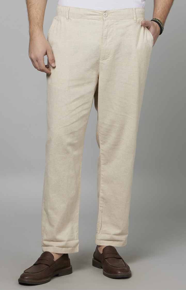 celio | Men's Beige Blended Solid Trousers