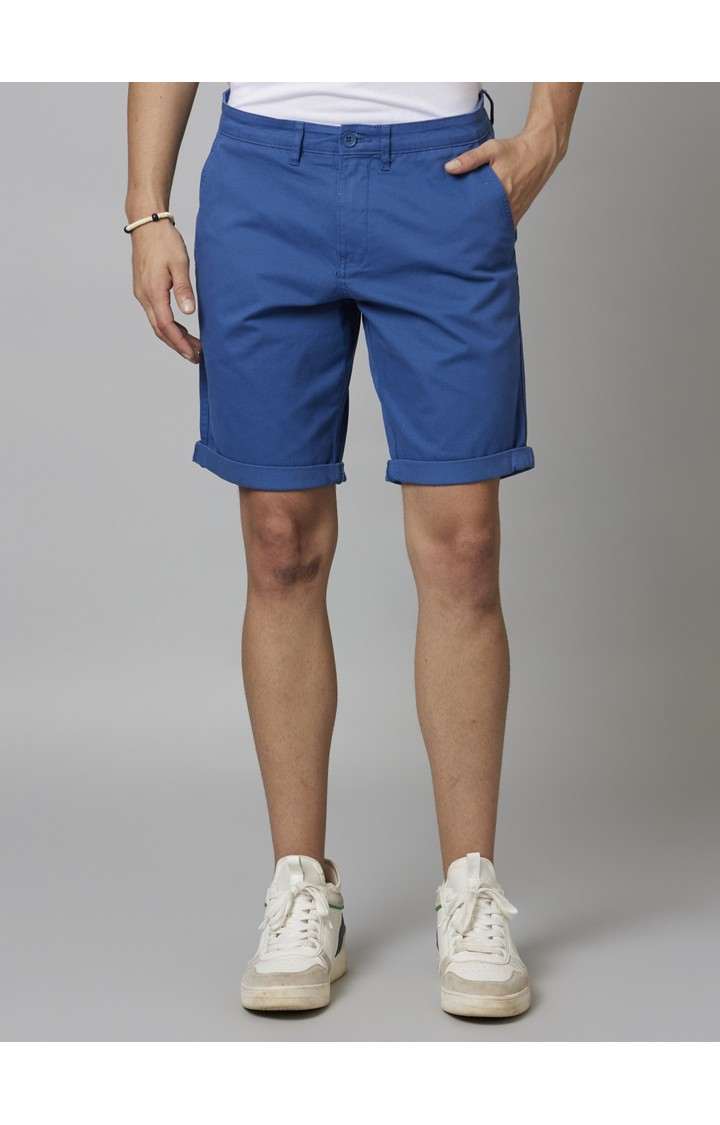 Men's Blue Cotton Solid Shorts