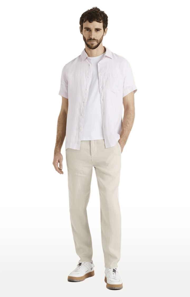 Men's Beige Linen Solid Chinos