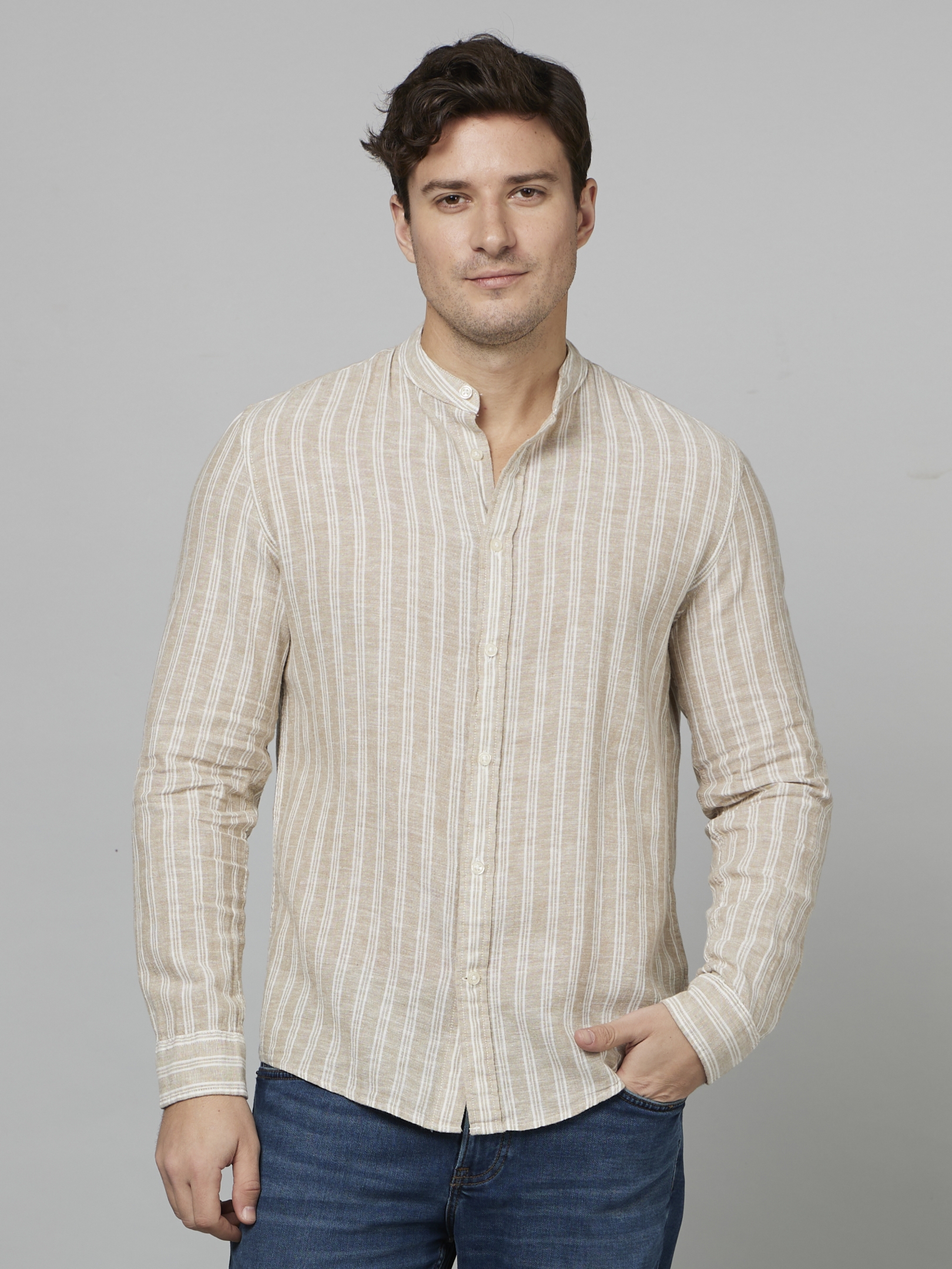 celio | Men's Beige Striped Casual Shirts