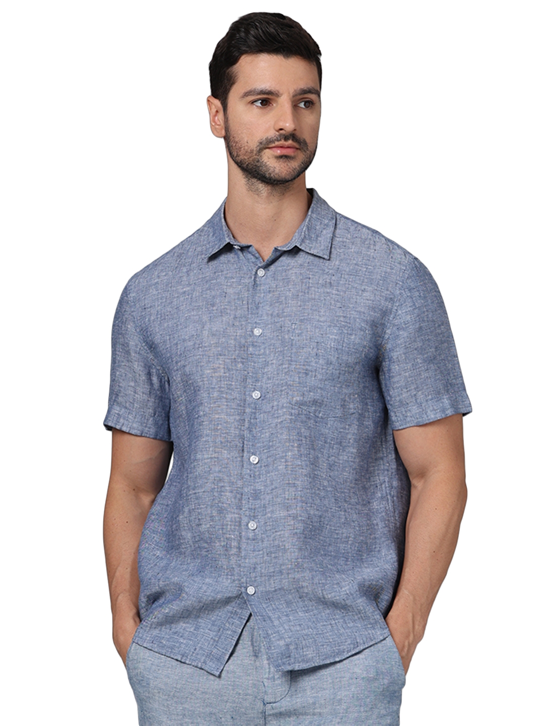celio | Celio Men Blue Solid Regular Fit Linen Casual Shirt