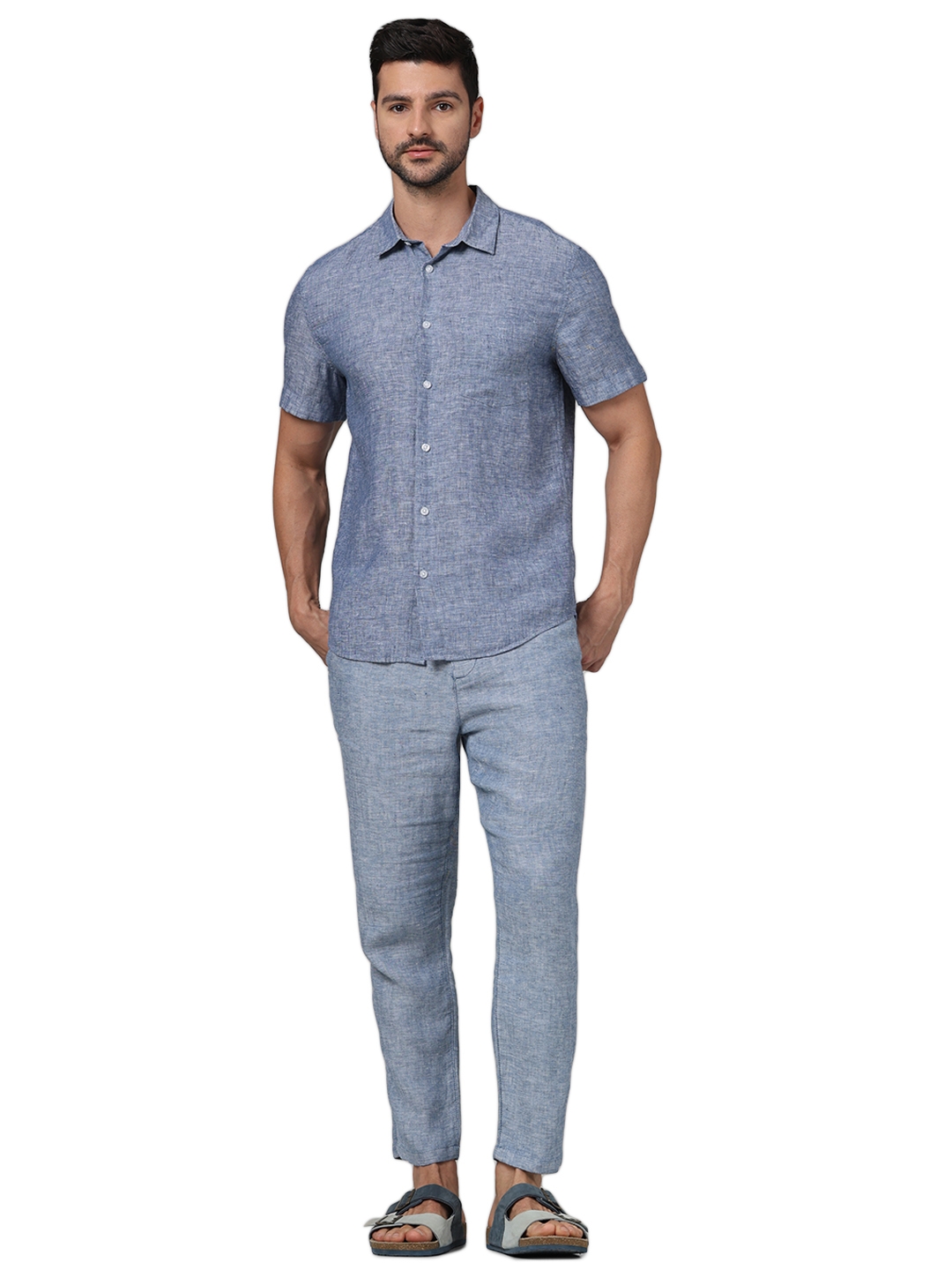 Celio Men Blue Solid Regular Fit Linen Casual Shirt