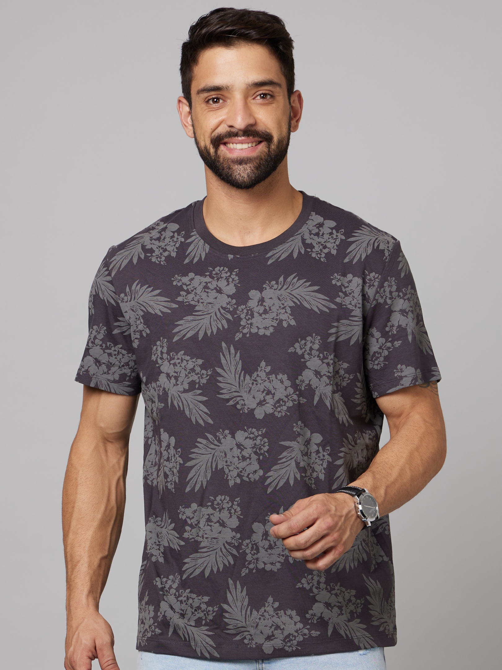celio | Men's Grey Tropical Regular T-Shirts