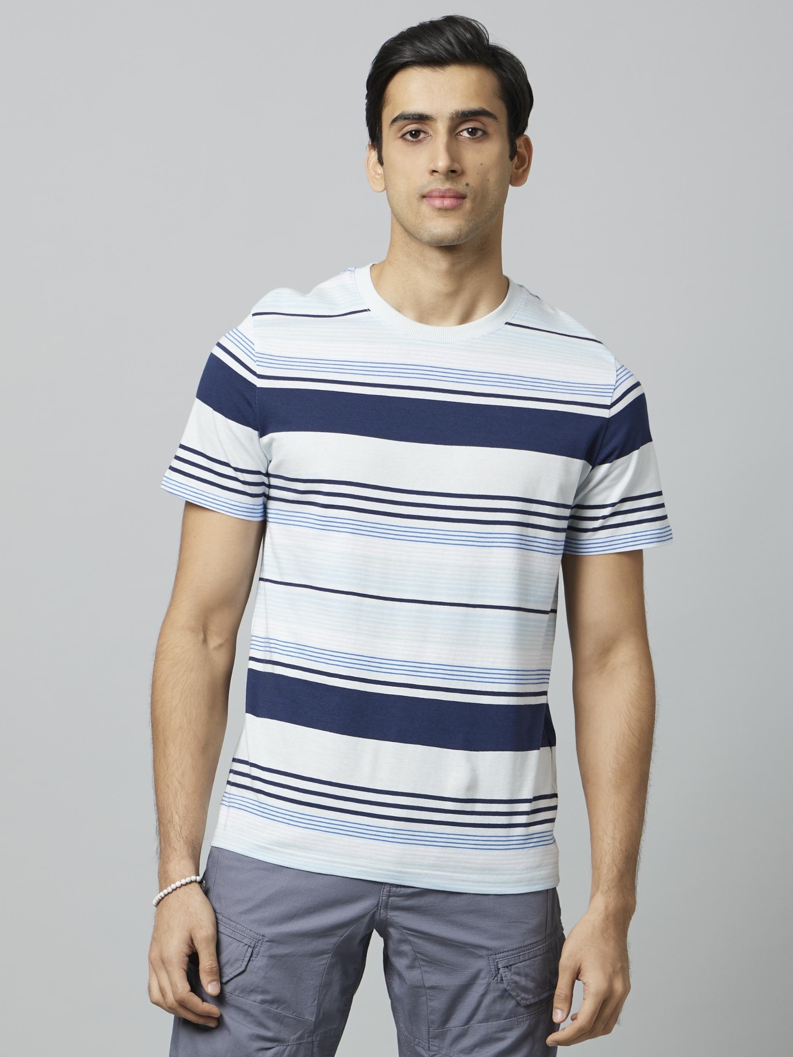 celio | Men's White Striped Regular T-Shirts
