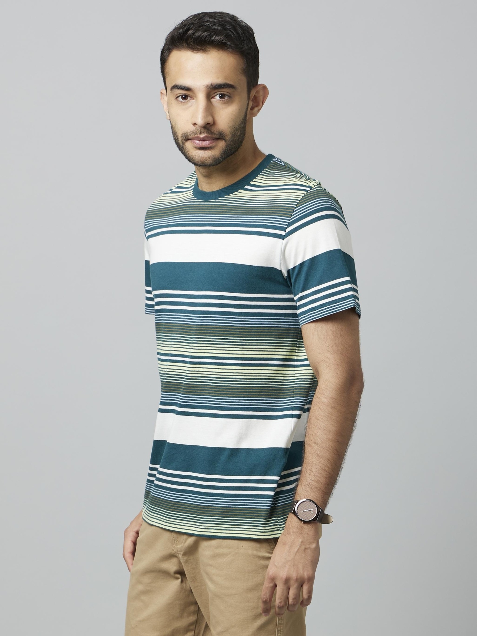 Men's Green Striped Regular T-Shirts