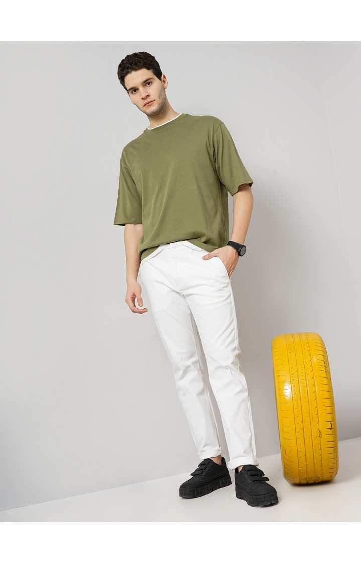 Celio Men Off White Solid Regular Fit Cotton Chino Trousers
