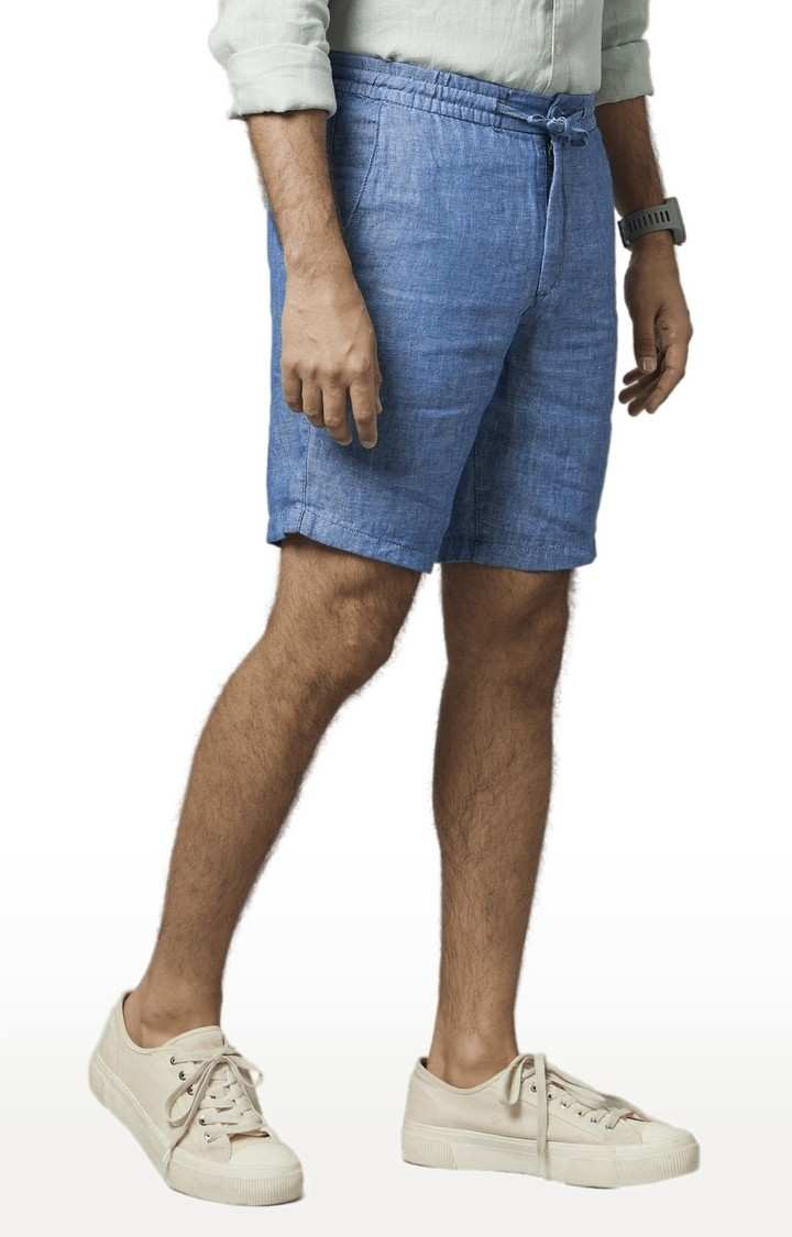 Men's Blue Linen Solid Shorts
