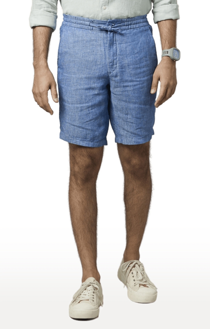 Men's Blue Linen Solid Shorts