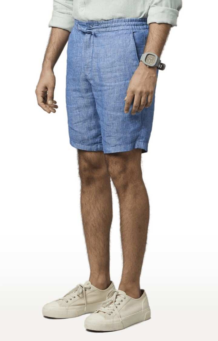 Men's Blue Linen Solid Shorts