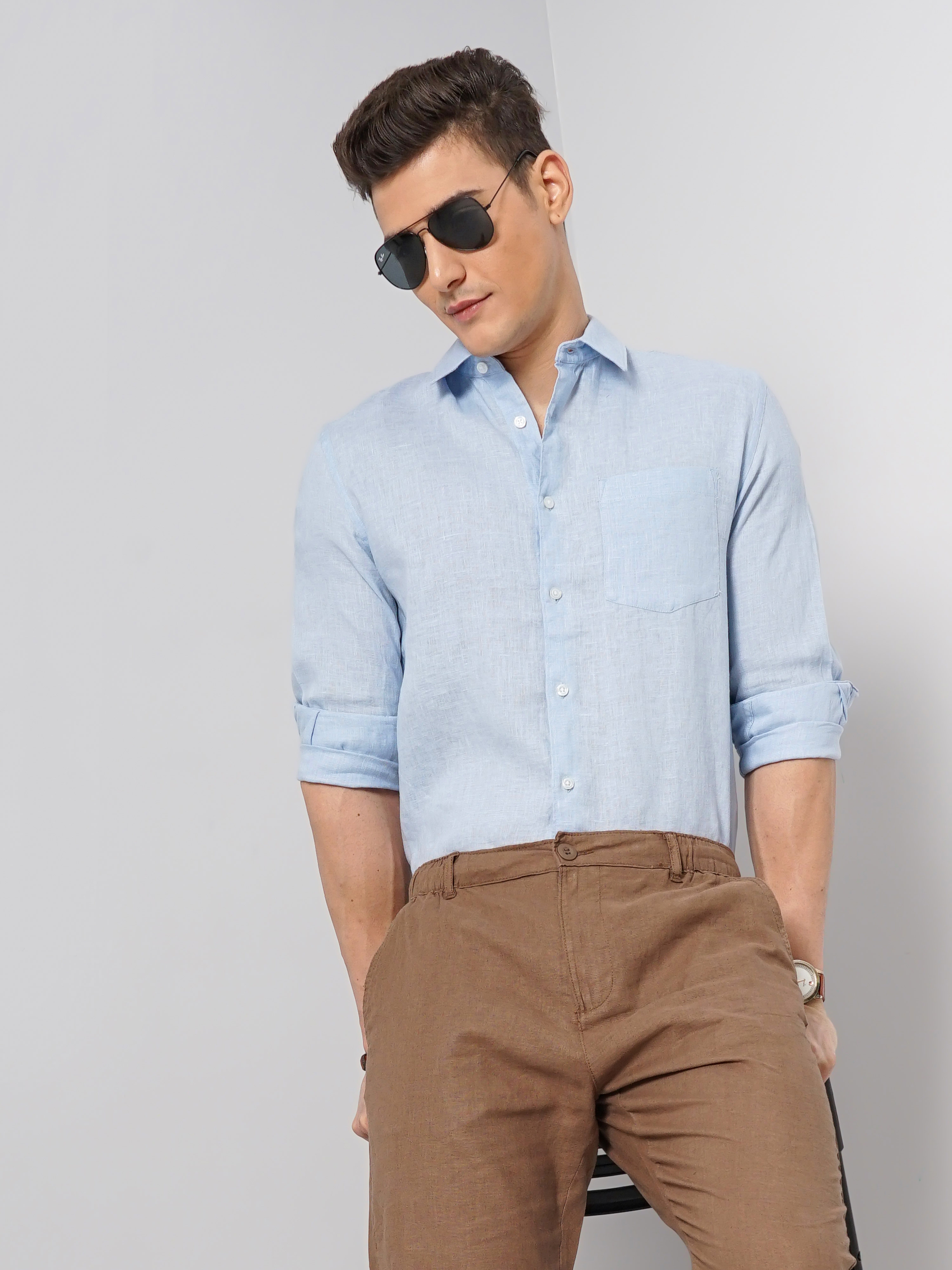 Celio Men Blue Solid Regular Fit Linen Shirt